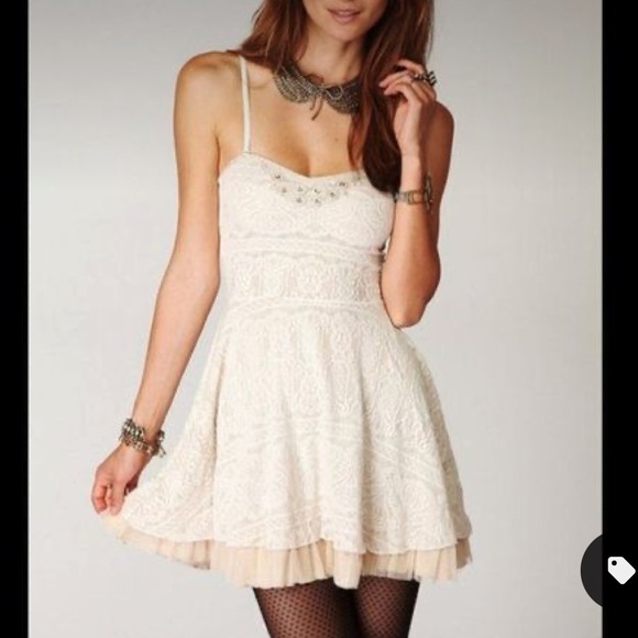 Cream Free People Lace Dress with Strapless Tulle Detail and Embellishment - Picture 2 of 5